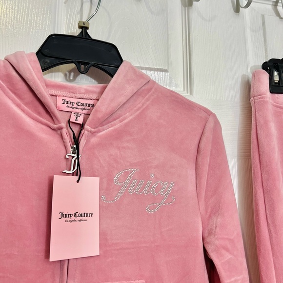 Juicy Couture Rose Bling Velour Tracksuit Hoodie & Pants Rhinestone NWT Size S - Picture 3 of 9